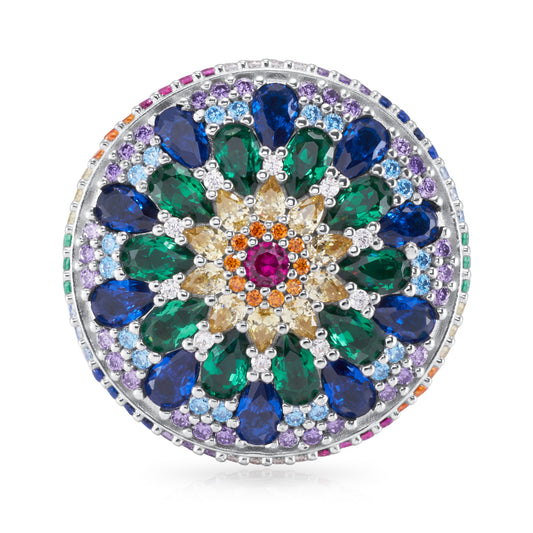 Mini Chakra Mandala Cocktail Ring - Silver