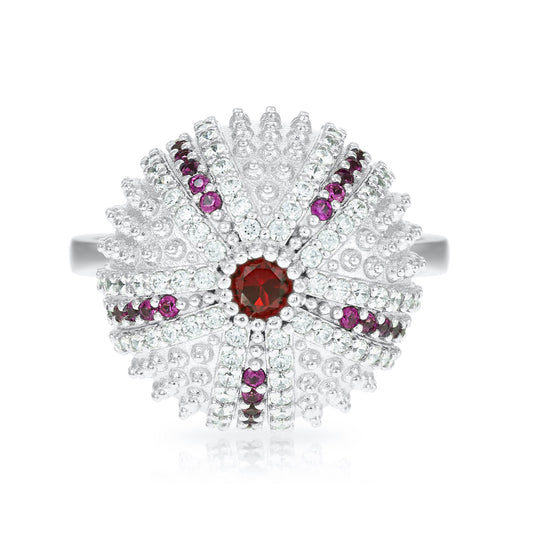 Mini Sea Urchin Cocktail Ring - Red - Silver