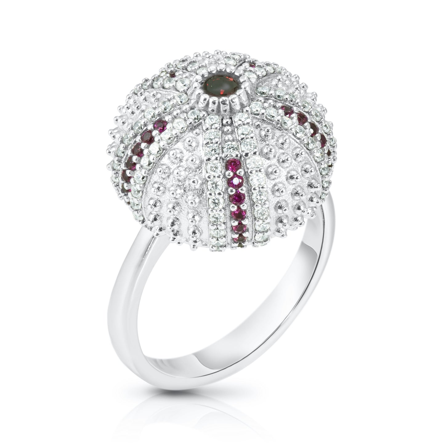 Mini Sea Urchin Cocktail Ring - Red - Silver