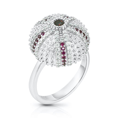 Mini Sea Urchin Cocktail Ring - Red - Silver