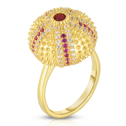 Mini Sea Urchin Cocktail Ring - Red - Gold