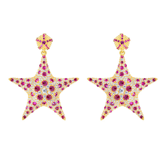 Starfish Cocktail Earrings - Red - Gold