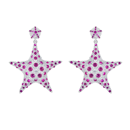 Starfish Cocktail Earrings - Red - Silver